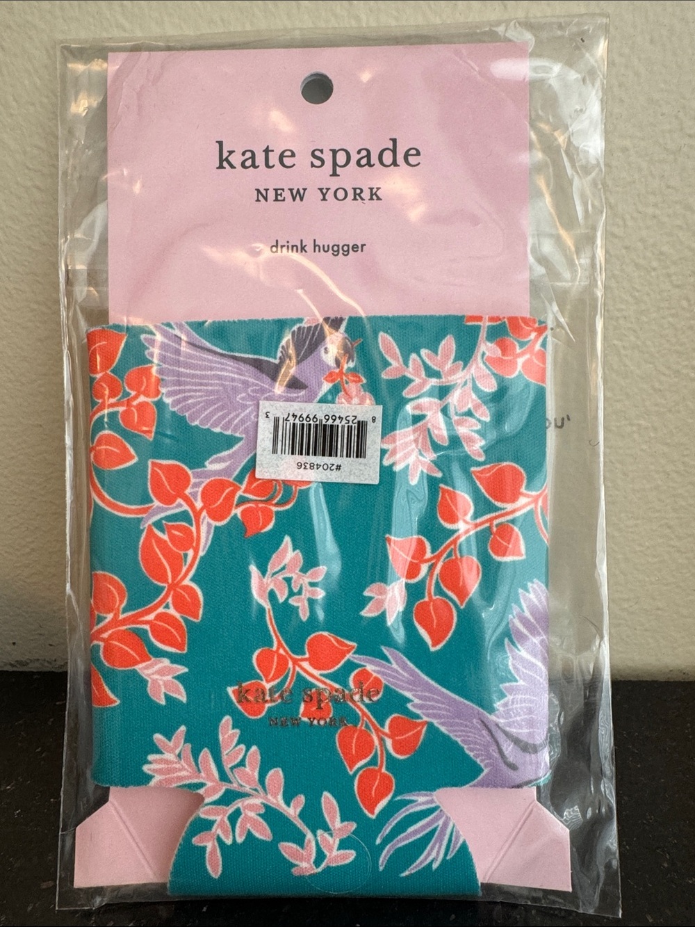 kate spade teal floral & bird drink hugger with pink accents